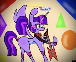 Size: 1001x828 | Tagged: alicorn, alternate eye color, artist:kittycatrittycat, bad anatomy, bowtie, cheeks, colored belly, derpibooru import, female, guitar, impossibly large ears, makeup, musical instrument, pizzeria simulator, robot, rockstar bonnie, safe, shapes, solo, stars, twilight sparkle, twilight sparkle (alicorn)