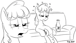 Size: 1200x675 | Tagged: safe, artist:pony-berserker, derpibooru import, berry punch, berryshine, earth pony, pony, black and white, bottle, couch, drunk, drunk bubbles, female, grayscale, i can't believe it's not idw, implied drinking, mare, monochrome, pony-berserker's twitter sketches, signature, simple background, sitting, sketch, white background