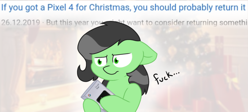 Size: 1477x669 | Tagged: safe, anonymous artist, artist:anonymous, derpibooru import, oc, oc:anonfilly, unofficial characters only, pony, angry, box, christmas, dissapoint, female, filly, filly anon is not amused, floppy ears, fuck, google, google pixel, holiday, hoof hold, phone, solo, text, this will not end well, unamused, vulgar