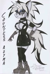 Size: 2262x3300 | Tagged: safe, artist:zeruvel, derpibooru import, oc, anthro, unicorn, boots, breasts, cleavage, clothes, collar, eyeliner, eyeshadow, gloves, goth, hand drawing, looking at you, makeup, marker drawing, minidress, monochrome, scan, shoes, short dress, socks, solo, stockings, thigh highs, traditional art