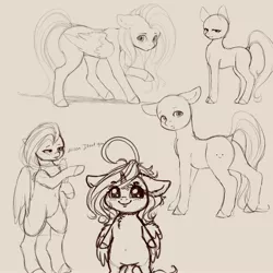 Size: 4000x4000 | Tagged: safe, artist:miokomata, derpibooru import, fluttershy, oc, oc:dazzling talents, alicorn, pegasus, pony, semi-anthro, ahoge, alicorn oc, bald, blushing, chest fluff, dialogue, dock, female, floppy ears, freckles, freckleshy, horn, looking at you, looking back, looking back at you, mare, pink background, simple background, wings