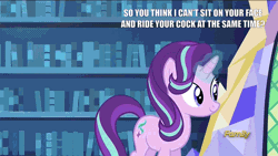 Size: 980x551 | Tagged: suggestive, derpibooru import, edit, edited screencap, screencap, starlight glimmer, pony, every little thing she does, animated, clone, dialogue, discovery family logo, faceful of ass, facesitting, female, gif, magic, similo duplexis, solo, solo female, spell