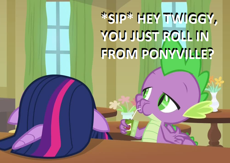 Size: 1013x719 | Tagged: safe, derpibooru import, edit, edited screencap, screencap, spike, twilight sparkle, twilight sparkle (alicorn), alicorn, dragon, pony, the point of no return, big pink loser, cropped, dexterous hooves, dialogue, duo, facedesk, juice, juice box, musical instrument, parody, spongebob squarepants, trumpet, winged spike