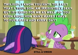 Size: 1013x719 | Tagged: suggestive, derpibooru import, edit, edited screencap, screencap, spike, twilight sparkle, twilight sparkle (alicorn), alicorn, dragon, pony, the point of no return, background pony strikes again, caption, cropped, dexterous hooves, dialogue, duo, facedesk, female, image macro, juice, juice box, male, musical instrument, spike gets all the mares, straight, text, trumpet, vulgar, winged spike