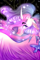 Size: 2000x3000 | Tagged: safe, artist:chrysgalaxy, derpibooru import, princess twilight 2.0, twilight sparkle, twilight sparkle (alicorn), alicorn, pony, the last problem, constellation, curved horn, eyebrows visible through hair, female, floppy ears, horn, looking at you, looking over shoulder, mare, one wing out, solo, speedpaint available, starry eyes, stars, wingding eyes, wings