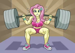 Size: 1280x896 | Tagged: safe, artist:art-2u, derpibooru import, fluttershy, bat pony, equestria girls, barbell, belly button, biceps, breasts, busty fluttershy, cleavage, clothes, deltoids, female, flutterbat, gritted teeth, gym clothes, legs, looking at you, midriff, muscles, muscleshy, race swap, shoes, shorts, sneakers, solo, sports bra, sports panties, sports shorts, squatting, sweat, thighs, weight lifting