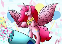Size: 1024x717 | Tagged: safe, artist:evianix, derpibooru import, part of a set, pinkie pie, alicorn, pony, alicornified, alternate hairstyle, big hair, cutie mark background, eyes closed, female, mare, party cannon, peytral, pinkiecorn, princess pinkie pie, race swap, rearing, smiling, solo, spread wings, tongue out, wings, xk-class end-of-the-world scenario