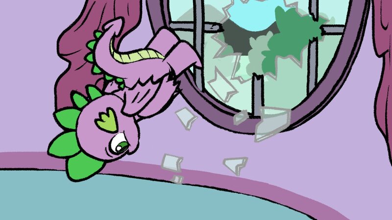 Size: 1815x1020 | Tagged: artist:ljdamz1119, broken glass, broken window, carousel boutique, curtains, derpibooru import, dragon, glass, i'm a brick, jumping, male, meme, ponified meme, safe, solo, spike, the simpsons, window, winged spike