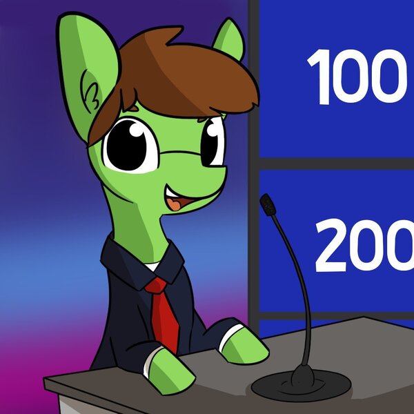 Size: 1080x1080 | Tagged: safe, artist:tjpones, derpibooru import, oc, oc:tjpones, earth pony, pony, jeopardy, microphone, necktie, solo