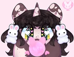 Size: 3000x2311 | Tagged: safe, artist:bunxl, derpibooru import, oc, oc:bunny, unicorn, bubblegum, ear piercing, earring, food, gum, heart eyes, jewelry, piercing, pinto, wingding eyes