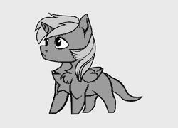 Size: 1280x920 | Tagged: safe, artist:genociz, artist:trigger_movies, derpibooru import, oc, unofficial characters only, alicorn, pony, 2d, alicorn oc, animated, chest fluff, game development, gif, horn, idle animation, monochrome, sneezing, standing, wings