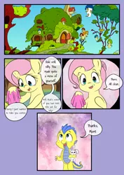 Size: 2893x4092 | Tagged: safe, artist:mustachedbain, derpibooru import, fluttershy, oc, oc:izen, dragon, pegasus, pony, comic:my dragon children, comic, fluttershy's cottage, older, older fluttershy, plushie