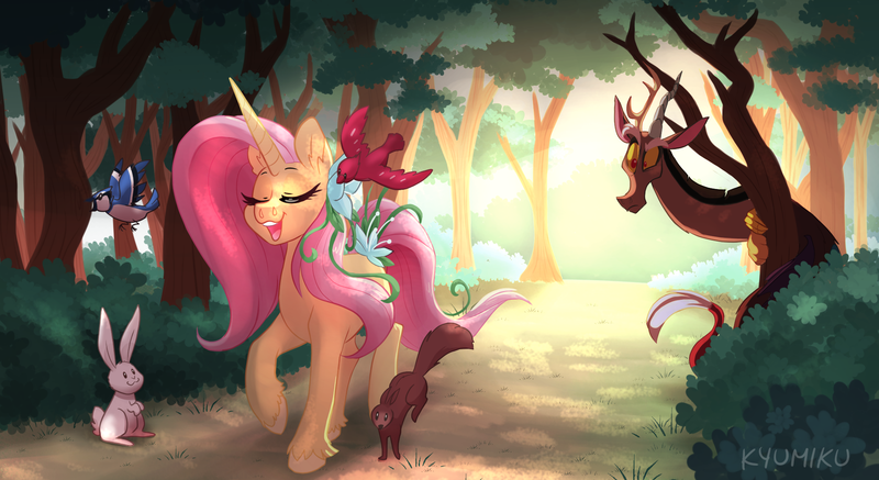 Size: 2067x1128 | Tagged: safe, artist:kyumiku, derpibooru import, discord, fluttershy, bird, draconequus, pony, rabbit, squirrel, unicorn, leak, spoiler:g5, animal, bush, dappled sunlight, discord (g5), female, flower, flower in hair, fluttershy (g5), forest, g5, hooves, male, mare, redesign, scenery, sunlight, tree, unicorn fluttershy, unshorn fetlocks, vine