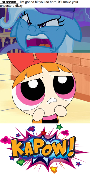 Size: 796x1561 | Tagged: artist:mega-poneo, blossom (powerpuff girls), comic, derpibooru import, edit, edited screencap, meme, powerpuff girls 2016, safe, screencap, the powerpuff girls, to where and back again, trixie