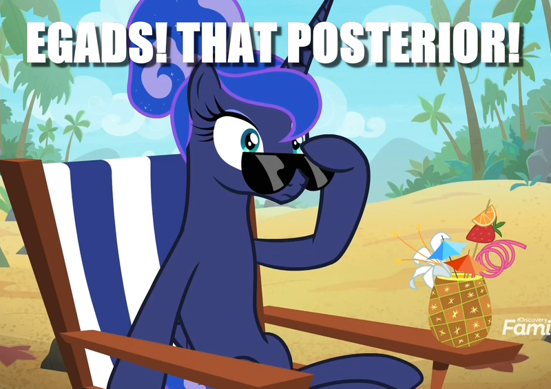 Size: 1525x1077 | Tagged: alternate hairstyle, between dark and dawn, caption, cropped, dat butt, derpibooru import, discovery family logo, drink, edit, edited screencap, food, image macro, meme, on the moon for too long, pineapple, princess luna, safe, screencap, sunglasses, text, ye olde english