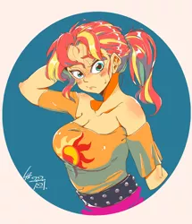 Size: 2000x2328 | Tagged: safe, artist:sozglitch, derpibooru import, sunset shimmer, equestria girls, alternate hairstyle, big breasts, blushing, breasts, busty sunset shimmer, cleavage, female, looking at you, ponytail, solo