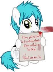 Size: 965x1294 | Tagged: semi-grimdark, artist:lightningbolt, derpibooru import, ponified, pegasus, pony, .svg available, awsten knight, blood, blood stains, cleaver, clothes, dyed mane, dyed tail, folded wings, heterochromia, hoof hold, implied murder, jewelry, looking at you, male, mouth hold, necklace, pony shaming, shirt, sign, simple background, sitting, solo, stallion, svg, transparent background, vector, waterparks, wings