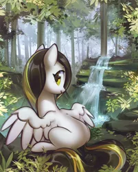 Size: 1598x1992 | Tagged: safe, artist:mirroredsea, derpibooru import, oc, oc:tulpa twilight, unofficial characters only, pegasus, pony, blank flank, commission, female, forest, looking at you, looking back, looking back at you, mare, scenery, sitting, smiling, solo, spread wings, water, waterfall, white coat, wings