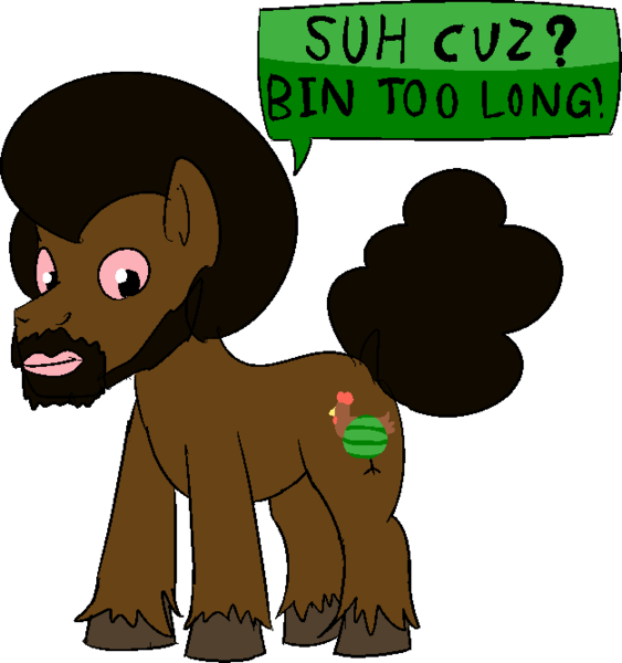 Size: 626x667 | Tagged: safe, artist:anonymous, deleted from derpibooru, derpibooru import, oc, oc:ponigg, unofficial characters only, bird, chicken, earth pony, 4chan, afro, colored hooves, drawthread, food, /mlp/, racism, simple background, solo, speech, talking, text, transparent background, unshorn fetlocks, watermelon