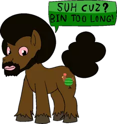 Size: 626x667 | Tagged: safe, artist:anonymous, deleted from derpibooru, derpibooru import, oc, oc:ponigg, unofficial characters only, bird, chicken, earth pony, 4chan, afro, colored hooves, drawthread, food, /mlp/, racism, simple background, solo, speech, talking, text, transparent background, unshorn fetlocks, watermelon