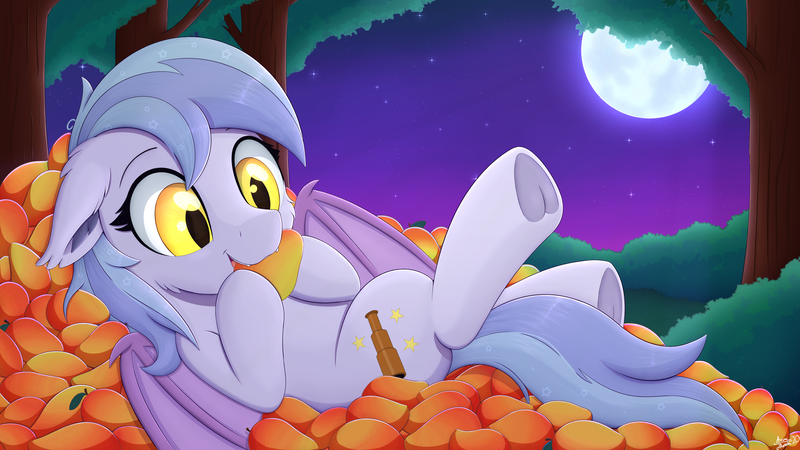 Size: 3840x2160 | Tagged: safe, artist:arcane-thunder, derpibooru import, oc, bat pony, pony, bat pony oc, bat wings, cheek fluff, ear fluff, eating, fangs, female, food, herbivore, lying down, mango, mare, moon, night, pile, solo, tree, wings