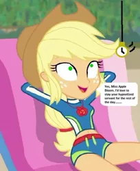 Size: 499x613 | Tagged: safe, derpibooru import, edit, edited screencap, editor:thomasfan45, screencap, applejack, human, equestria girls, equestria girls series, lost and found, 1000 hours in ms paint, applejack's hat, beach, beach chair, bikini, clothes, cowboy hat, cropped, cute, description is relevant, female, geode of super strength, hat, hypnosis, hypnotized, implied apple bloom, legs, lounging, magical geodes, midriff, offscreen character, pocket watch, ponytail, relaxing, smiling, solo, speech bubble, story included, swimsuit