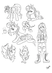 Size: 3508x4961 | Tagged: safe, artist:shyinka, derpibooru import, spike, sunset shimmer, twilight sparkle, alicorn, dragon, human, pony, unicorn, boots, boss ass bitch, bunset shimmer, butt, clothes, combat boots, compilation, doodle, fire, geode of empathy, jacket, jeans, leather jacket, leo, lineart, magical geodes, monochrome, multeity, pants, pomf, pose, random, ripped jeans, shimmerstorm, shoes, sitting, sketch, spread wings, standing, sunlight, wiggle, wingboner, wings, zodiac, zodiac sign