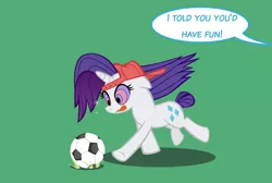 Size: 1014x682 | Tagged: safe, artist:magerblutooth, derpibooru import, rarity, pony, unicorn, backwards ballcap, baseball cap, cap, football, hat, hypnosis, hypnotized, implied rainbow dash, sports, swirly eyes, tongue out