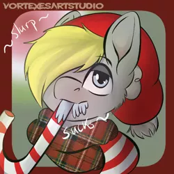 Size: 680x680 | Tagged: artist needed, candy, candy cane, cheek fluff, christmas, clothes, derpibooru import, food, hat, holiday, oc, oc:snuggie, pegasus, santa hat, scarf, solo, suggestive, unofficial characters only