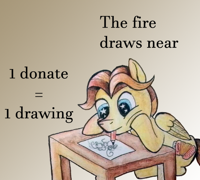 Size: 719x649 | Tagged: safe, artist:stjonal, derpibooru import, oc, oc:stjonal, pegasus, pony, advertisement, artin' for good, australia, donation, drawing, help, mouth drawing, mouth hold, pencil drawing, puffy cheeks, sitting, starry eyes, table, traditional art, watercolor painting, watercolour, wingding eyes, wings