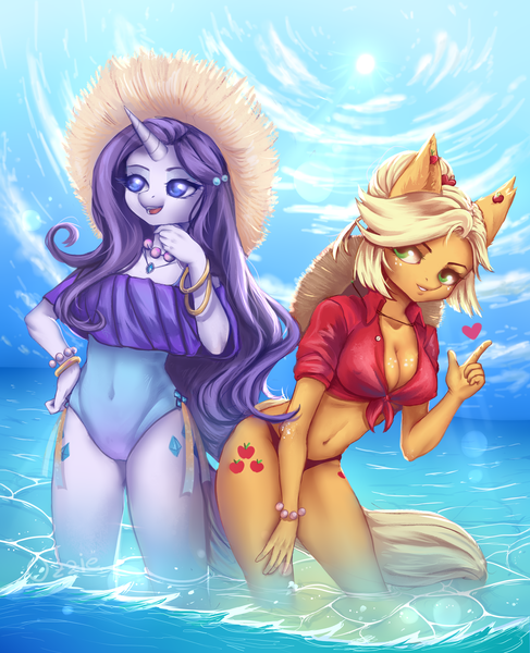 Size: 1516x1868 | Tagged: suggestive, artist:cosyosy, derpibooru import, applejack, rarity, anthro, earth pony, unicorn, belly button, bikini, bikini bottom, both cutie marks, breasts, busty applejack, cleavage, clothes, duo, duo female, erect nipples, female, front knot midriff, hat, jewelry, mare, midriff, necklace, nipple outline, one-piece swimsuit, summer, sun, sunlight, swimsuit, water