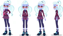 Size: 1332x773 | Tagged: safe, derpibooru import, sugarcoat, equestria girls, friendship games, bag, clothes, crystal prep academy uniform, cute, glasses, hairpin, looking at you, pigtails, plaid skirt, pleated skirt, poses, school uniform, shoes, sideview, simple background, skirt, smiling, socks, solo, sugarcute, white background