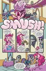 Size: 993x1528 | Tagged: safe, artist:kate sherron, derpibooru import, idw, cranky doodle donkey, marble pie, matilda, maud pie, pinkie pie, earth pony, pony, spoiler:comic, spoiler:comic86, clothes, female, mare, preview, raised hoof, when she speaks