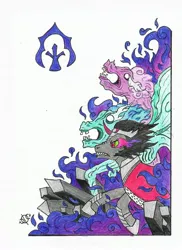 Size: 1241x1704 | Tagged: safe, artist:assertiveshypony, derpibooru import, idw, king sombra, rabia, pony, umbrum, siege of the crystal empire, crystal, fog, simple background, symbol, traditional art, white background