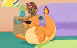 Size: 2817x1768 | Tagged: suggestive, artist:ailoy4, deleted from derpibooru, derpibooru import, button mash, charizard, earth pony, pony, adult foal, clothes, cosplay, costume, diaper, diaper fetish, fetish, high res, image, kigurumi, male, nintendo switch, non-baby in diaper, png, pokémon, poofy diaper, sitting, smiling, solo, solo male, stallion, underhoof, video game