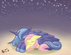 Size: 1366x1064 | Tagged: safe, artist:howxu, derpibooru import, fluttershy, princess luna, alicorn, pony, covering, cuddling, cute, eyes closed, female, floppy ears, howxu is trying to murder us, lesbian, lunashy, night, shipping, sleeping, stars, wing blanket, wing covering, wings