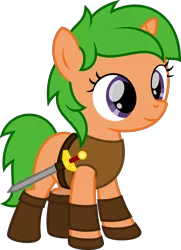 Size: 1854x2563 | Tagged: safe, alternate version, artist:peternators, derpibooru import, edit, oc, unofficial characters only, pony, unicorn, boots, bracer, clothes, clothes edit, fantasy class, female, filly, offspring, parent:oc:heroic armour, parent:oc:lime dream, parents:oc x oc, shoes, simple background, solo, sword, transparent background, warrior, weapon