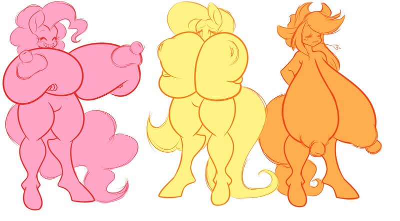 Size: 2500x1385 | Tagged: questionable, artist:booblypuff, derpibooru import, applejack, fluttershy, pinkie pie, anthro, bat pony, unguligrade anthro, applejack's hat, areola, big areola, big breasts, big nipples, breast hold, breasts, busty applejack, busty fluttershy, busty pinkie pie, cowboy hat, eyes closed, featureless crotch, female, females only, flutterbat, hat, huge breasts, hyper, hyper breasts, impossibly large areola, impossibly large breasts, impossibly large nipples, inverted nipples, nipples, nudity, puffy areolas, puffy nipples, race swap, straw, straw in mouth