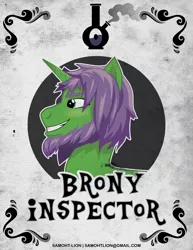 Size: 2550x3300 | Tagged: safe, artist:samoht-lion, derpibooru import, oc, oc:brony inspector, unofficial characters only, pony, unicorn, beard, bust, facial hair, grin, horn, male, smiling, solo, stallion, text, unicorn oc