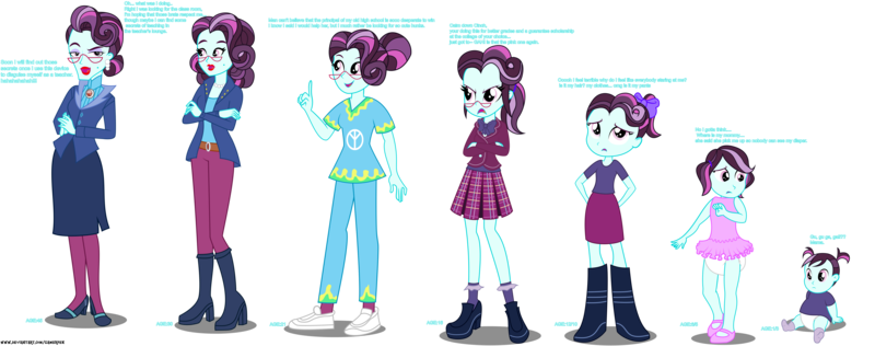 Size: 7600x3000 | Tagged: safe, artist:gamerpen, derpibooru import, principal abacus cinch, equestria girls, friendship games, age regression, baby, clothes, comic, crystal prep academy uniform, cute, diaper, freshman, school uniform, simple background, teenager, transparent background, younger cinch