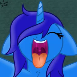 Size: 2000x2000 | Tagged: suggestive, artist:mihaynoms, derpibooru import, oc, oc:delly, unofficial characters only, unicorn, drool, drool string, esophagus, eyes closed, female, gullet, happy, mawshot, movie accurate, movie accurate porn, open mouth, oral invitation, salivating, slimy, solo, taste buds, tongue out, uvula