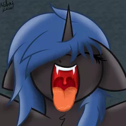 Size: 2000x2000 | Tagged: suggestive, artist:mihaynoms, derpibooru import, oc, oc:buzzie, unofficial characters only, changeling, blue changeling, drool, drool string, esophagus, fangs, female, gullet, happy, mawshot, movie accurate, movie accurate porn, open mouth, oral invitation, salivating, solo, tongue out, uvula