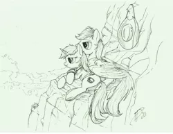 Size: 13200x10200 | Tagged: safe, artist:brisineo, derpibooru import, oc, oc:calamity, oc:littlepip, unofficial characters only, pegasus, pony, unicorn, fallout equestria, fanfic, black and white, cliff, clothes, cowboy hat, cuddling, dashite, fanfic art, female, grayscale, hat, hooves, horn, lying, lying down, male, mare, monochrome, pipbuck, piplamity, prone, side, smiling, stallion, vault suit, wings