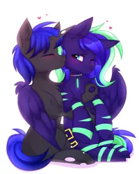 Size: 4000x5000 | Tagged: safe, artist:pesty_skillengton, derpibooru import, oc, oc:mewu, oc:moonstone mark, changeling, pegasus, pony, blue changeling, kiss on the cheek, kissing, male, oc x oc, shipping, stallion