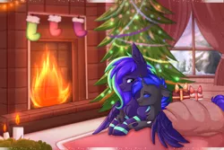 Size: 6000x4000 | Tagged: safe, artist:pesty_skillengton, derpibooru import, oc, oc:mewu, oc:moonstone mark, changeling, pegasus, pony, blue changeling, candle, christmas, christmas lights, christmas presents, christmas tree, clothes, fire, fireplace, holiday, rug, snow, socks, stockings, thigh highs, tree, window