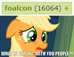 Size: 1297x1004 | Tagged: suggestive, derpibooru import, edit, edited screencap, screencap, applejack, earth pony, pony, derpibooru, the cutie pox, caption, female, floppy ears, freckles, horrified, horror, image macro, impact font, implied foalcon, kinkshaming, mare, meme, meta, reaction image, squick, tags, text