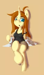 Size: 1132x1920 | Tagged: safe, artist:spheedc, derpibooru import, oc, oc:honey desire, unofficial characters only, anthro, unicorn, ahoge, breasts, clothes, digital art, female, lab coat, lineless, mare, shorts, simple background, sitting, solo, tanktop