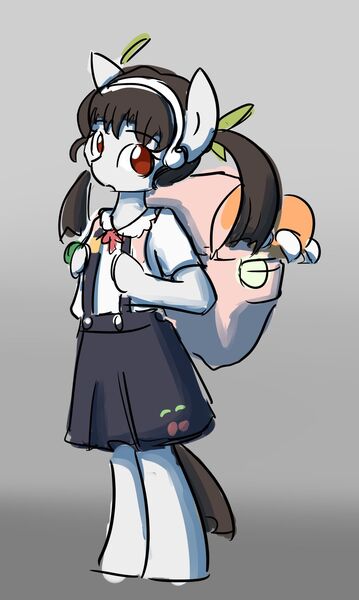 Size: 1280x2142 | Tagged: safe, artist:spheedc, derpibooru import, ponified, earth pony, pony, arm hooves, backpack, bipedal, bracelet, clothes, female, filly, gradient background, hachikuji mayoi, jewelry, monogatari series, pigtails, school uniform