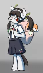 Size: 1280x2142 | Tagged: safe, artist:spheedc, derpibooru import, ponified, earth pony, pony, arm hooves, backpack, bipedal, bracelet, clothes, female, filly, gradient background, hachikuji mayoi, jewelry, monogatari series, pigtails, school uniform