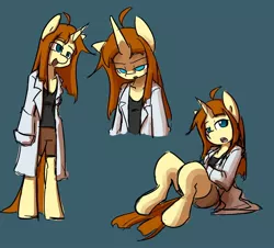 Size: 1280x1159 | Tagged: safe, artist:spheedc, derpibooru import, oc, oc:honey desire, unofficial characters only, semi-anthro, unicorn, ahoge, angry, bipedal, clothes, digital art, female, lab coat, mare, shorts, simple background, sitting, solo, tanktop